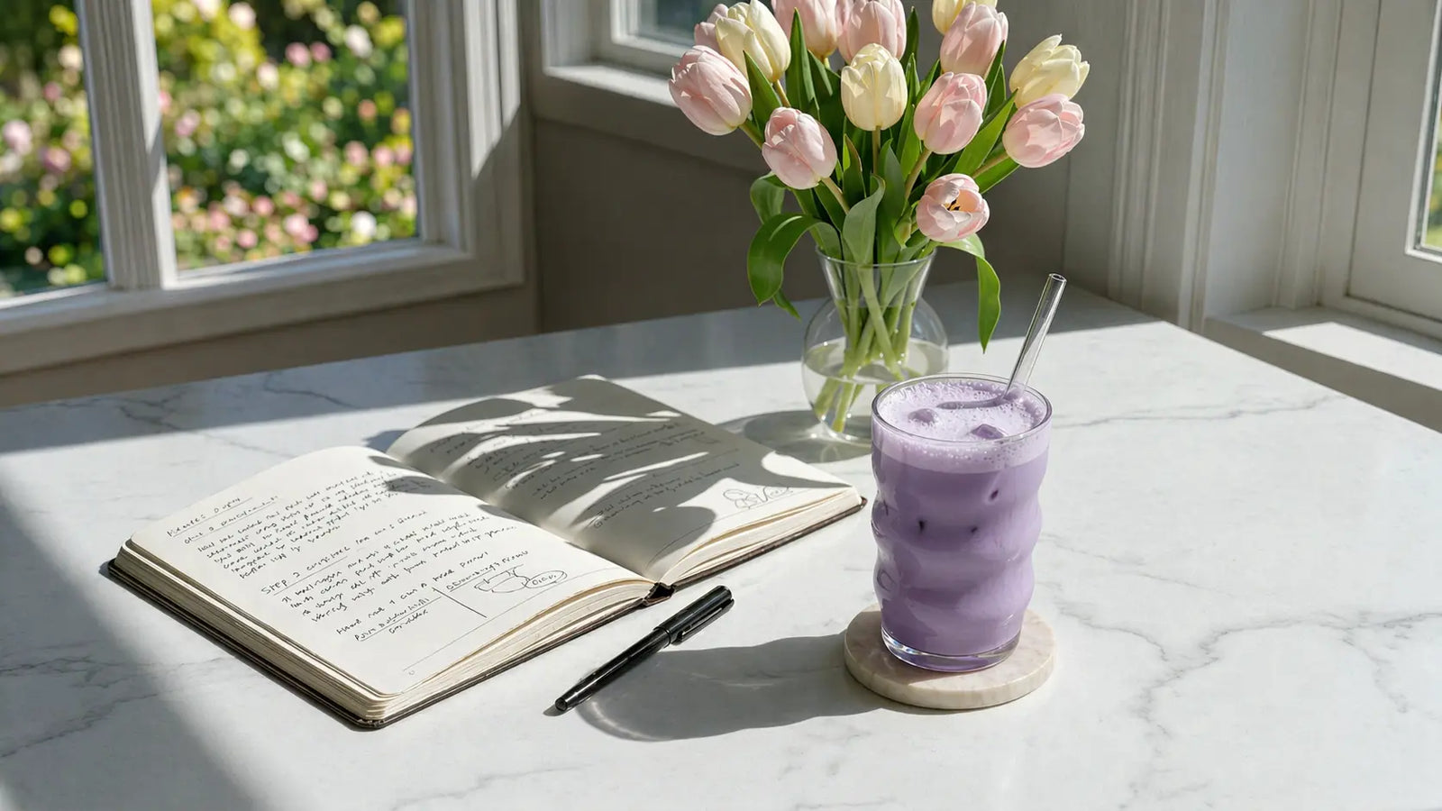 Gros plan sur la mousse violette d'un ube latte, avec des bulles crémeuses caractéristiques de la poudre d'ube