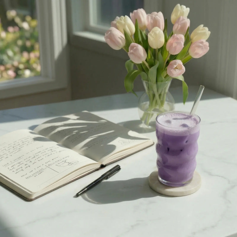 Ube latte glacé à la poudre d'ube posé sur une table en marbre, avec un carnet et des tulipes, dans une lumière matinale